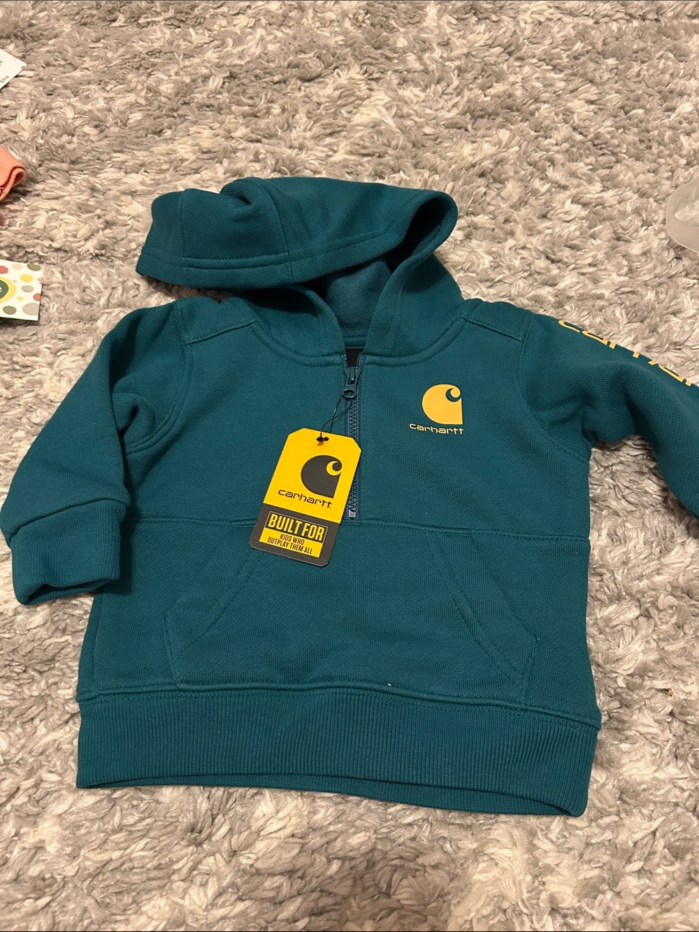 Carhartt Teal Kids Hoodie with Yellow Logo Tag